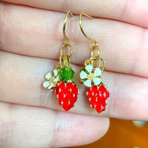 Small Strawberry and flower golden drop earrings new gift